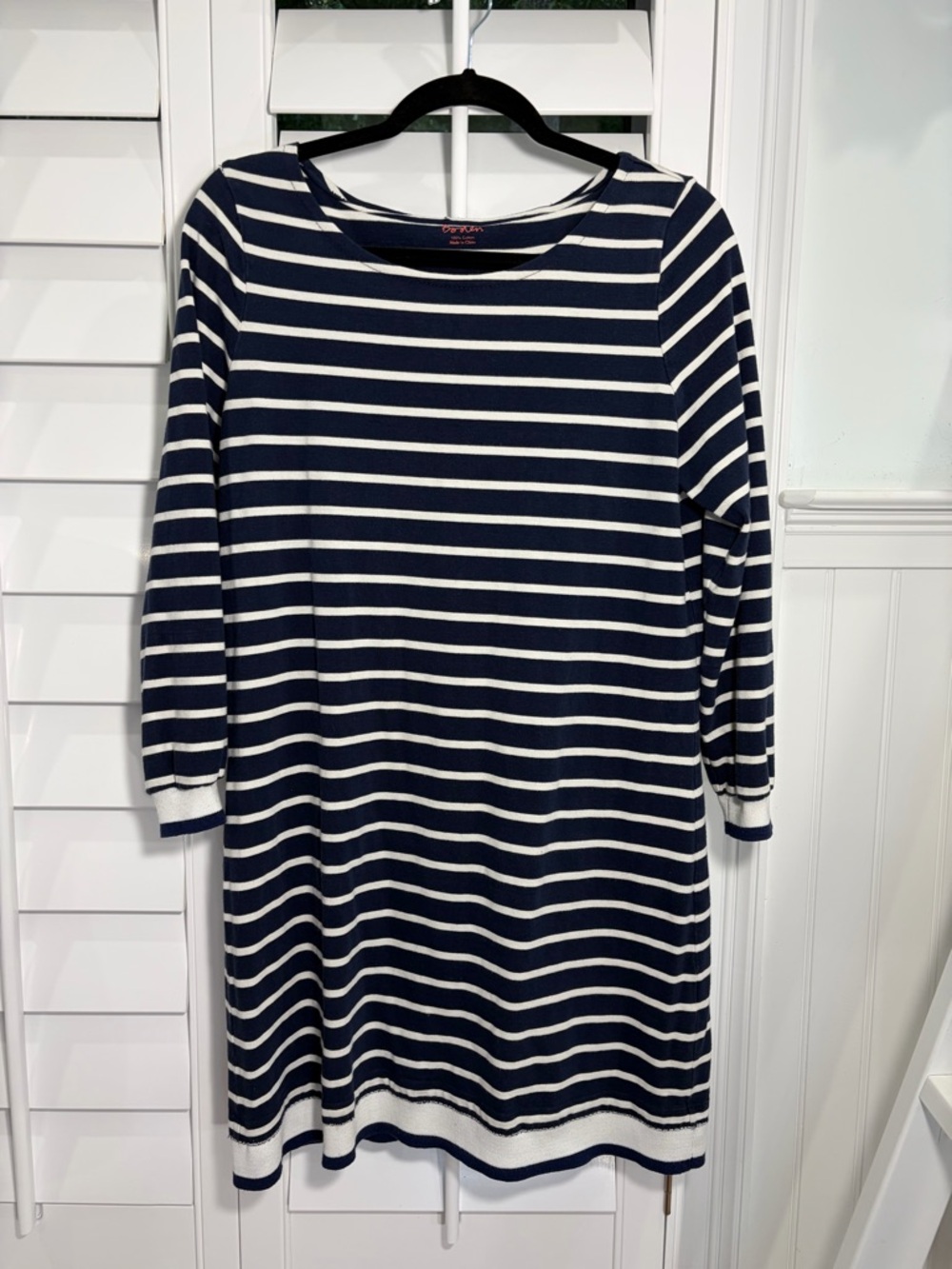 Boden 100% Cotton Navy & White Striped 3/4 Sleeve Nautical Knit Dress (L) - Picture 2 of 5